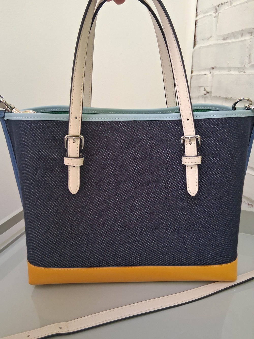 Authentic Coach Mollie Denim Color block Tote - Navy, Yellow & Light Blue - Picture 3 of 14
